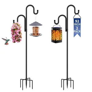 Double Shepherds Hooks for Outdoor, Bird Feeder Pole with 5 Prongs Base, Heavy Duty Garden Hook for Lantern, Wind Chime and Hummingbird Feeder, 62 Inch/76 Inch/92 Inch, 2 Pack