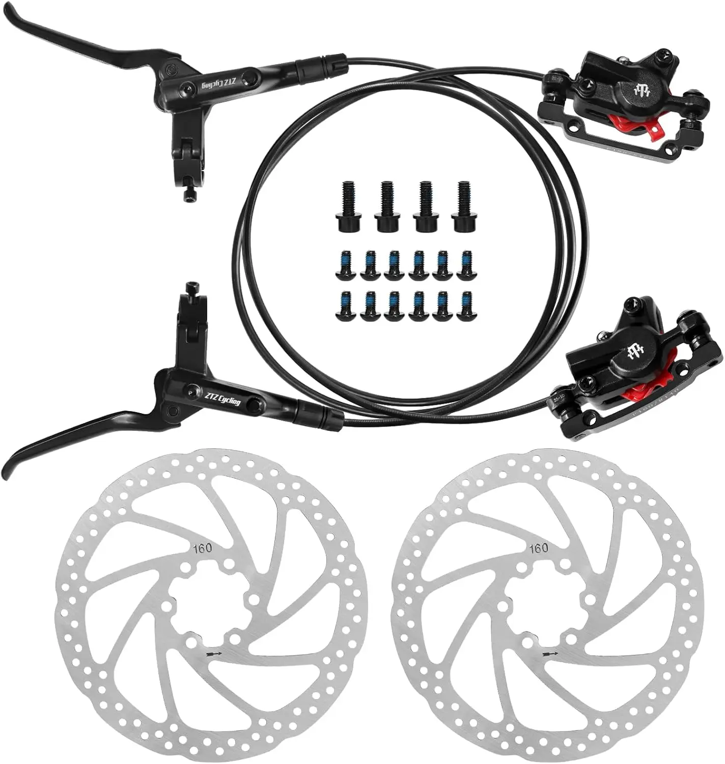 2-Pistons MTB Hydraulic Disc Brake Set with 160mm Rotors Aluminum Alloy Fit for Mountain Bike E-Bike Fat Bike Black