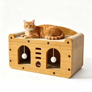 Double Door Cat Scratcher Sofa, 56cm Large Size Cat Scratching House with 2 Teaser Balls, 3-in-1 Cat Scratcher Bed Cat Cave for Large Cats & Multi-Cat Households