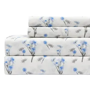 Queen Size 100% Cotton Percale Bed Sheet Set – Ultra Soft Cooling Sheets, Deep Pocket Fitted Sheet (14”), Breathable Floral Bedding Set, 4 Piece Luxury Sheet Set Blue