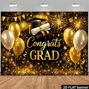 1PC,2D Flat Backdrop Congrats Grad Graduation Party Backdrop, Black Gold Theme Decorative Banner with Grad Cap, Diploma, Balloons & Fireworks, Perfect for Graduation Celebration Photo Backdrop Decor