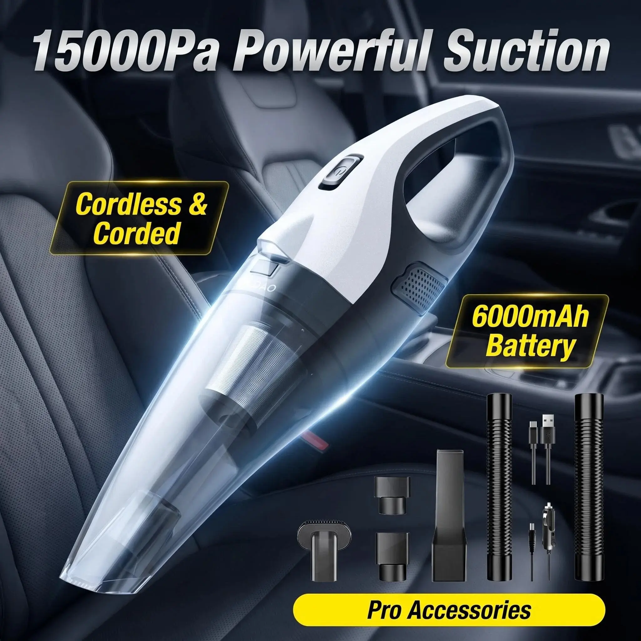 Cordless Handheld Vacuum, 15KPa Suction, LED Light, Multi-Nozzles, Washable Filter, for Car and Home Use