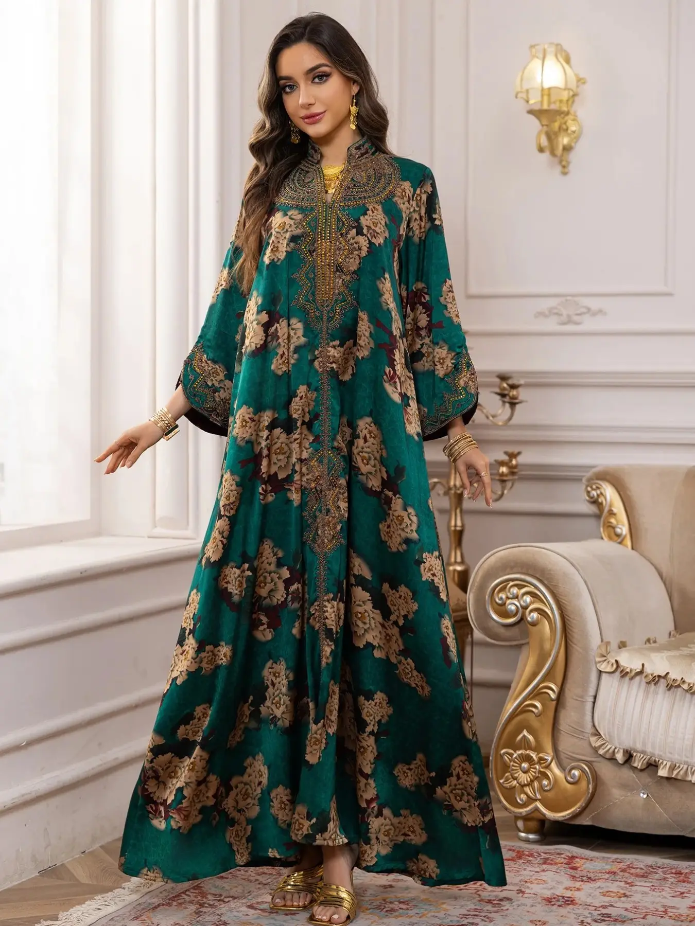 Middle Eastern Muslim Fashion Abaya, V-Neck Embroidered Ethnic Long Sleeve Dress, Modest Dresses, Modest Muslim Outfits, All Seasons Fitted Glossy Fabric, 103375 Model