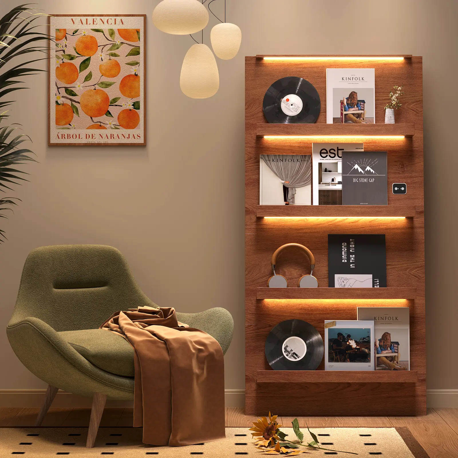 MIIFUNY 63" Vinyl Record Storage, 3-Color LED Lights Display Shelf, Brown | 4-Tier Storage for Vinyl/CD/DVD/Magazine,3-Color LED & Motion Sensor,Brown Display Stand for Living Room