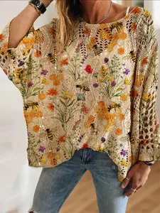 Women's Boho Bee Floral Printed Knit Top, Loose-Fitting Batwing Shoulder Design, Casual Elegant Vacation Style, Spring Summer Fall Fashion