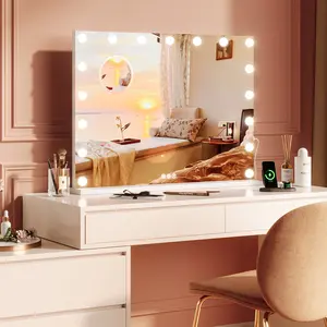 Vanity Mirror with Lights 2024 New 23" x 18" Makeup Mirror 15 LED Bulbs 3 Color Modes USB & Type-C Charging 3X Detachable Magnifying Glass Hollywood-Inspired Design Glamorous White Alloy Frame