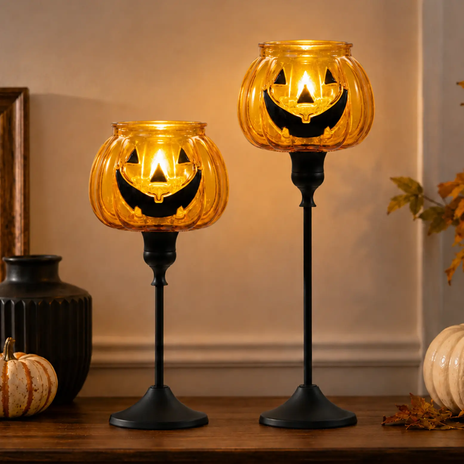 Halloween Decorations Indoor, 2 Pack Pumpkin Candle Holders with Remote Flameless Candles, Amber Jack O Lantern Candle Holders on Black Metal Stands for Halloween Table Decor, Mantel, Entryway, Party