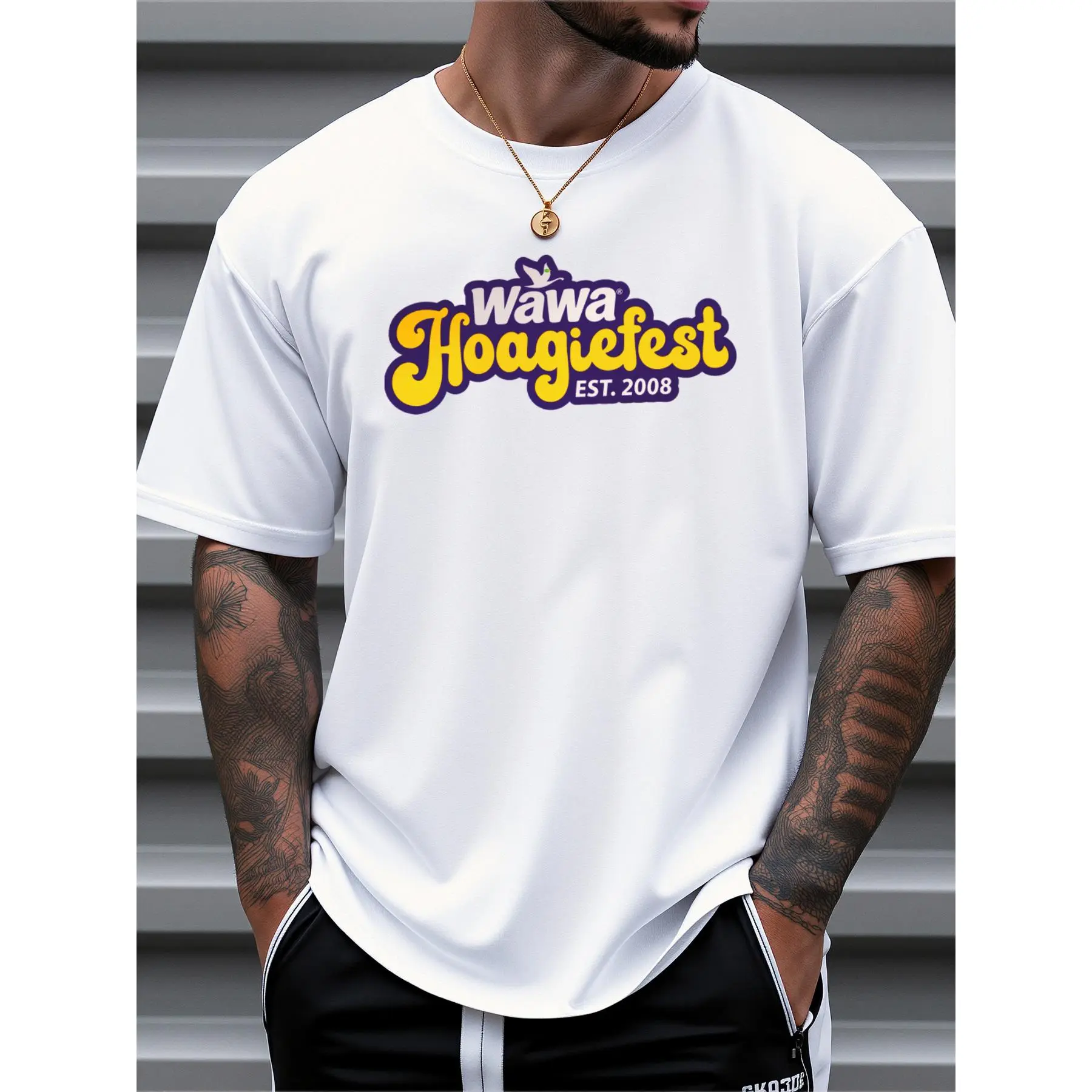 Men's Wawa Hoagiefest 2008 Commemorative Edition T-Shirt - 100% Cotton Relaxed Fit Short Sleeve, Tropical Print Casual Tee for Spring & Summer, Breathable Black Shirt for Daily & Outdoor Wear, Summer Clothing, Classic Round Neckline, Machine Washable, Com