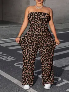 Dripcurv Plus Size Women Leopard Print Knit Camisole Jumpsuit, Comfy Casual For Summer Suitable For Going Out