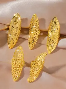 5-piece set of geometric pattern hollow ring, Statement multi ring, flower clover ring, Dubai Arab Middle Eastern style jewelry, copper plated adjustable 24k women's long ring, suitable for girlfriends, daily gifts, Everyday Ring