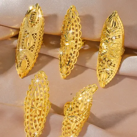 5-piece set of geometric pattern hollow ring, Statement multi ring, flower clover ring, Dubai Arab Middle Eastern style jewelry, copper plated adjustable 24k women's long ring, suitable for girlfriends, daily gifts, Everyday Ring, Adjustable Rings