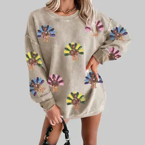 Dear-Lover Women's Sparkly Sequin Turkey Graphic Hoodie - Corded Drop Shoulder, Baggy Festival Pullover, Metallic Glitter Christmas Pattern, Soft Fabric Casual Womenswear