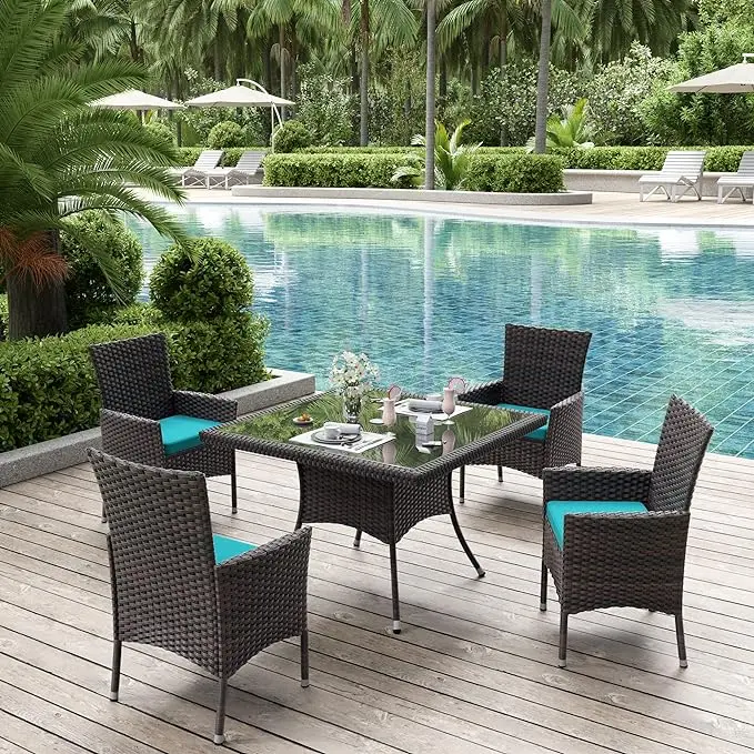 Kullavik Patio Dining Set of 5, All-Weather Wicker Outdoor Patio Furniture Set w/Tempered Glass Tabletop, Removable Cushions and Umbrella Hole for Patio, Backyard, Garden, Poolside
