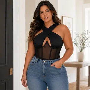 GBELLA Women’s Black Mesh Sheer Bodysuit, Viral Crisscross V Neck Halter Sleeveless Stretchy Breathable Slim Fit Bodycon Curve Hugging Shapewear Style Going Out Top, Date Night Club Party Summer Vacation Outfit for Jeans Skirts
