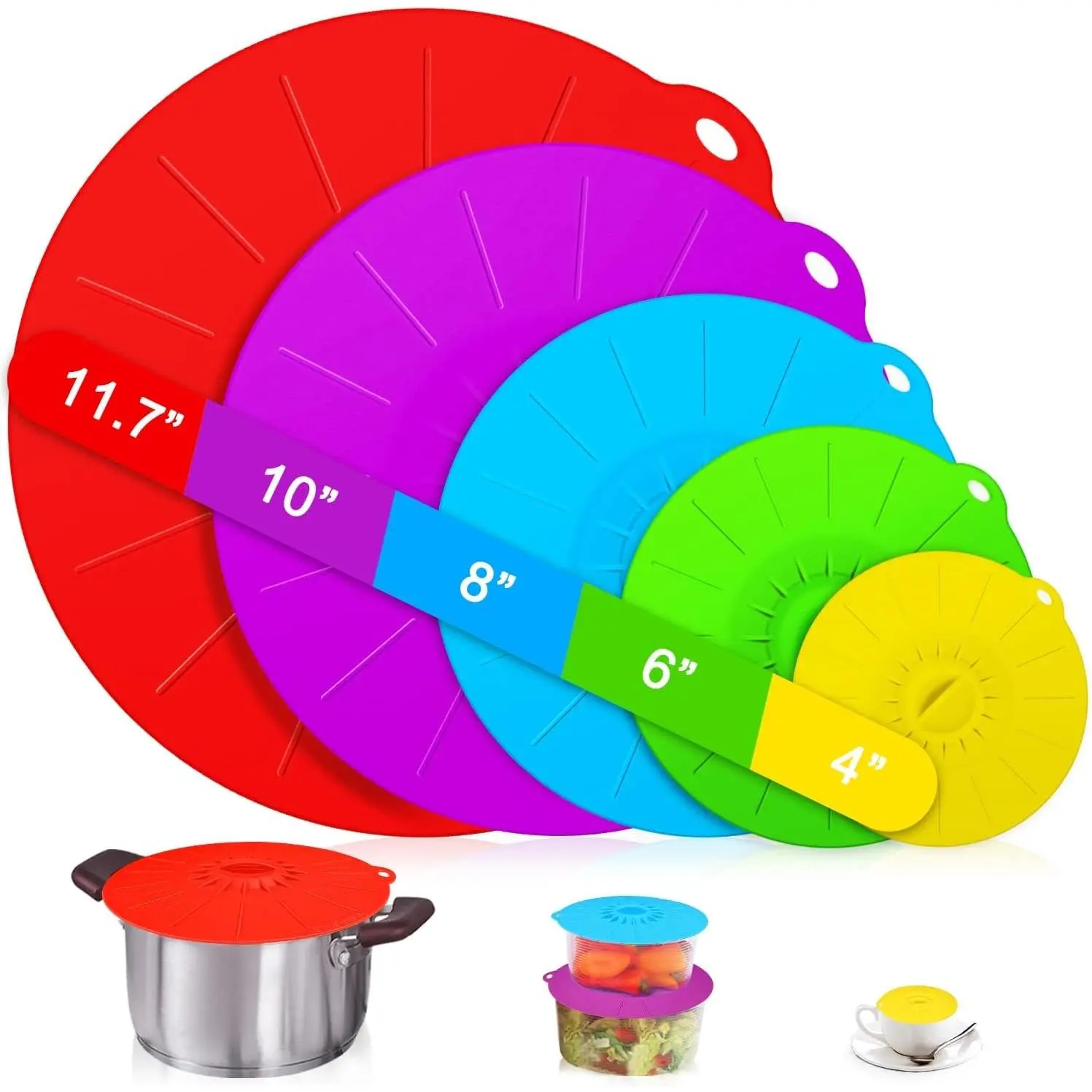 5-Pack Silicone Kitchen Utensils Covers - Heat-Resistant, Microwave Splash-Proof, Reusable Suction Lids for Food Storage Containers, Bowls, Pans, Stovetops, Ovens, Refrigerators