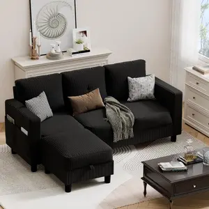 JAMFLY Convertible Sectional Couches L-Shaped 3-Seat Corduroy Fabric Sofa Set with Movable Ottoman Black Small Couch for Apartments & Offices