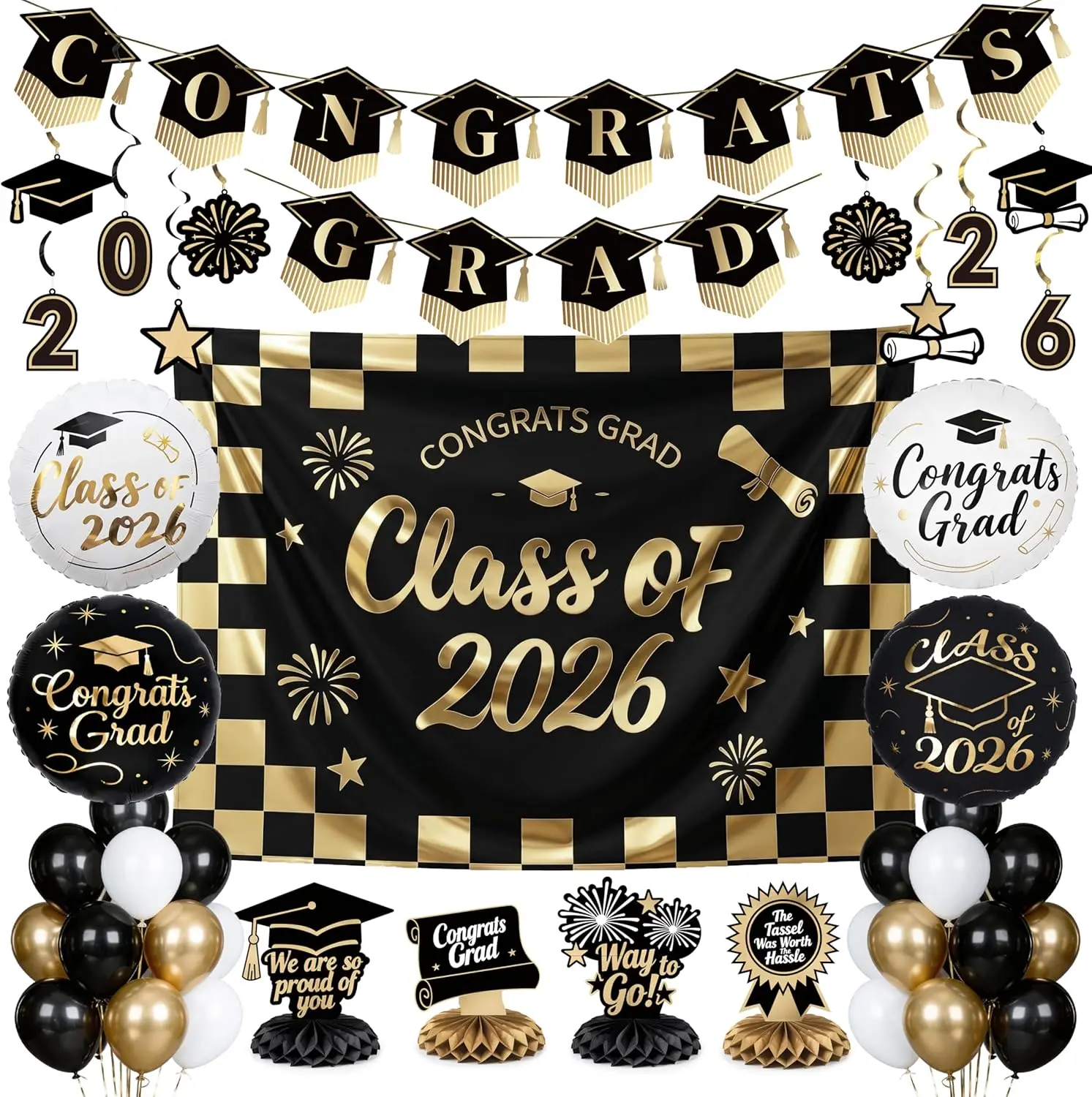PartyWoo 2026 Graduation Decorations Kit - Class of 2026 40pcs Black Gold White Set with Congrats Backdrop, Black Checkered Banner, Hanging Swirls, Foil Latex Balloons, Centerpieces (Ideal Gift), Graduation Decorations 2026