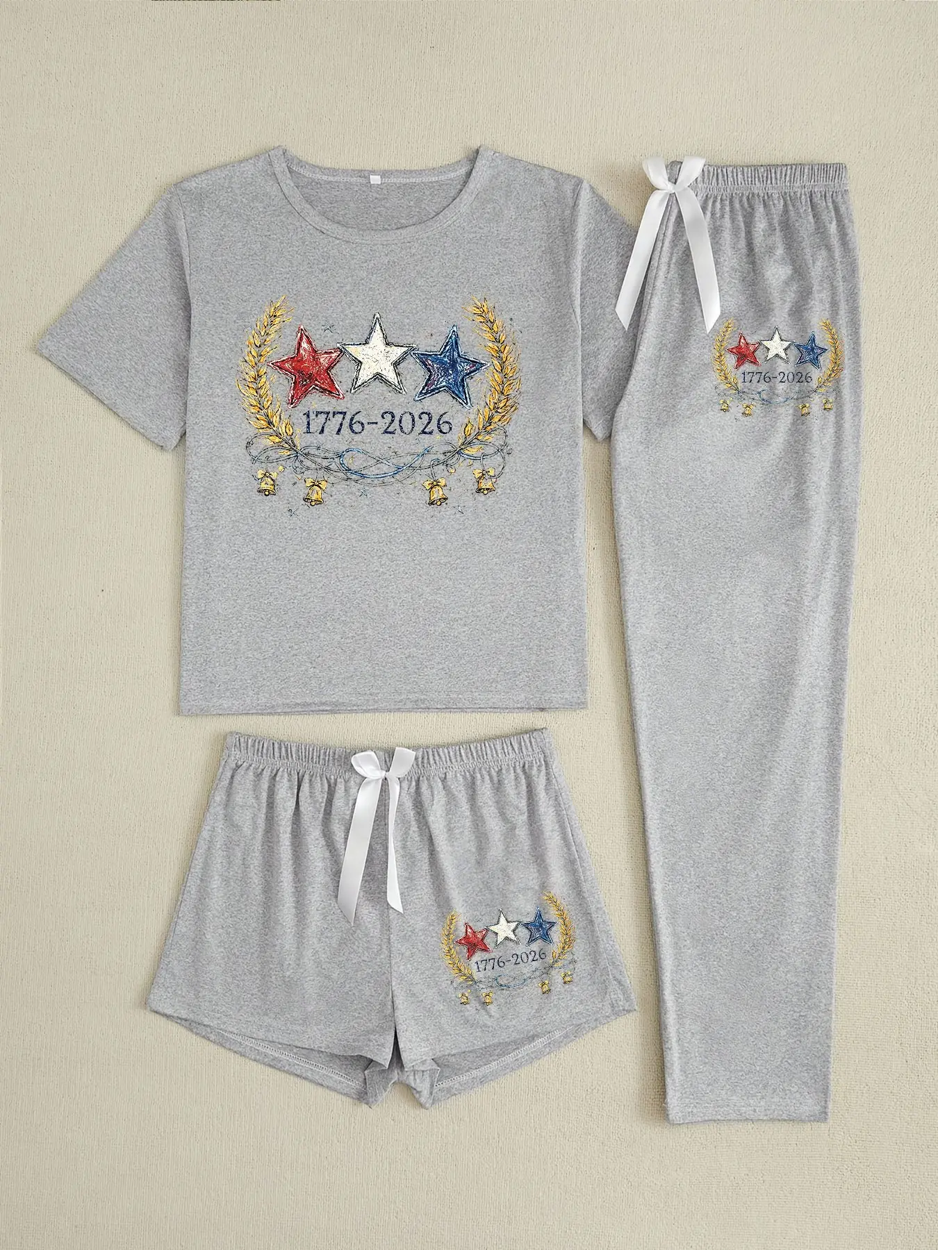 American Independence Day Three-Piece Pajama Set, Pjs, Cartoon Pattern, Loose-Fitting, Casual Style, All Seasons, Home Wear