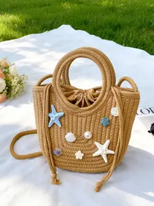 Bohemian Starfish Decor Bucket Bag, Lightweight Durable Shoulder Bag, Drawstring Beach Crossbody, Ideal for Vacation & Daily Use