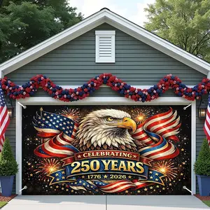 8X7 ft 250th Anniversary Decorative Garage Door Cover, Patriotic Bald Eagle & American Flag 4th of July Outdoor Banner for 2026 Independence Day Party Decoration