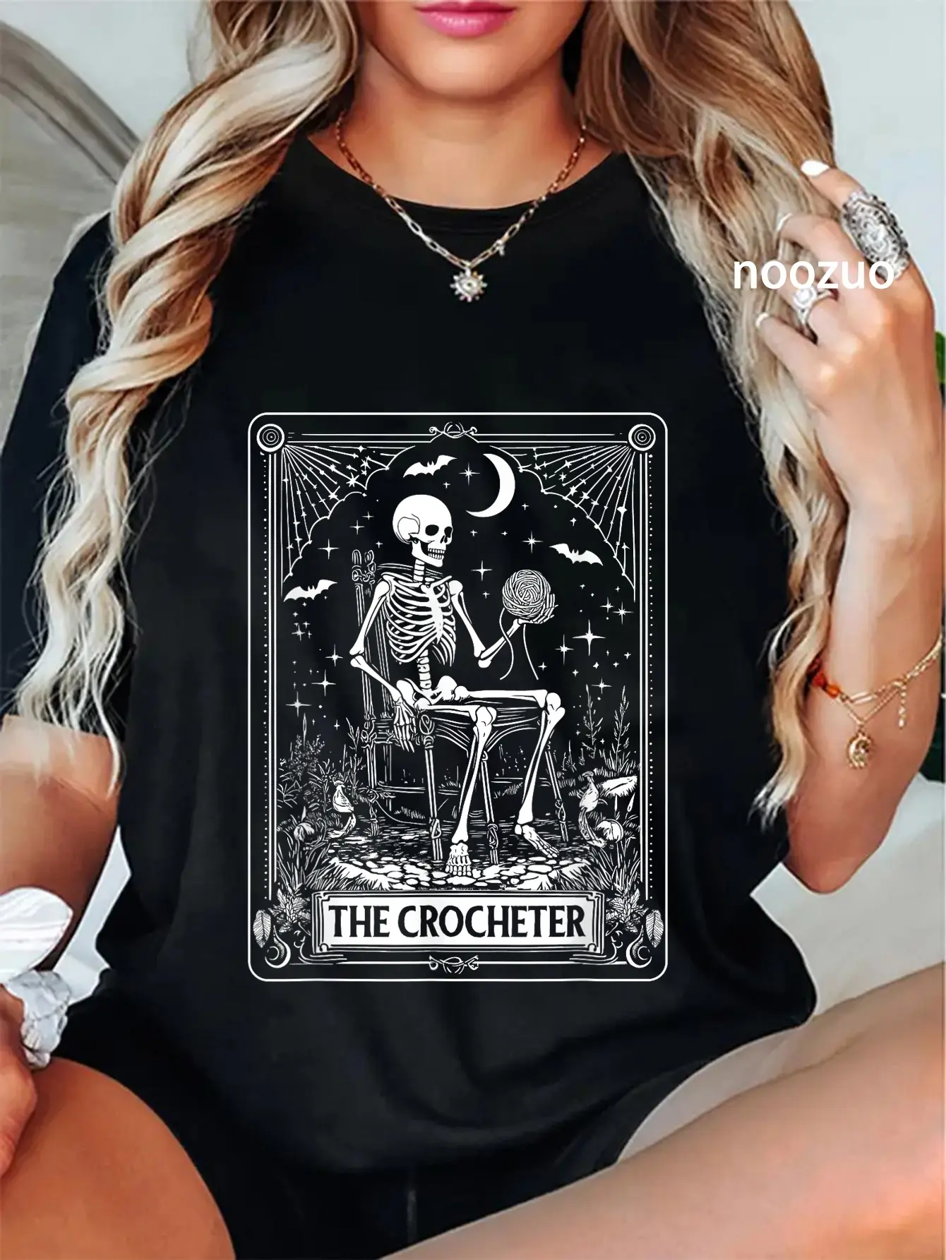 Women's Funny Skeleton T-Shirt, Vintage Crocheter Tarot Card Graphic, 100% Cotton Round Neck Short Sleeve Casual Streetwear for Everyday Wear, Tshirt, Short Sleeves, Crew Neck
