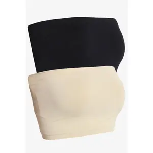 TheMogan Wendi Set of 2 Seamless Crop Bandeau - Basic Cropped Soft Strapless Bra Top with Ribbed Trim