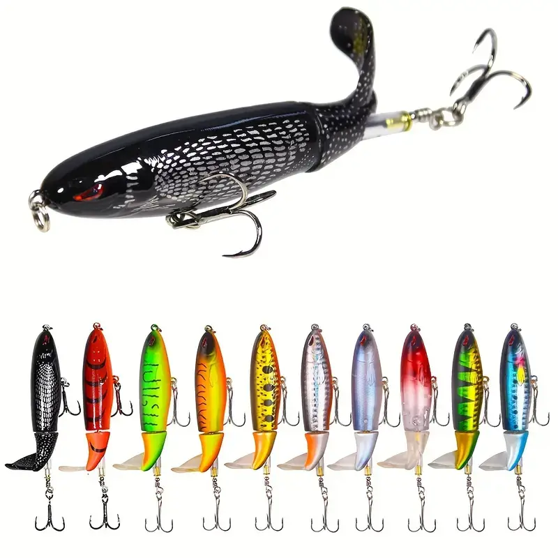 10pcs Whopper Topwater Fishing Equipment Lures Kit - Floating Popper with Rotating Tail, Barbed Treble Hooks for Bass Fishing, Saltwater/Freshwater Use