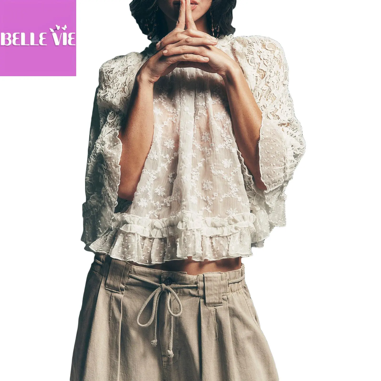 Women Boho Flowy Lace Blouse Long Sleeve Crew Neck See Through Ruffle Sheer Tops