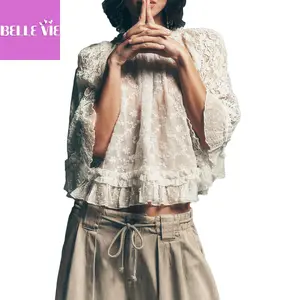 Women Boho Flowy Lace Blouse Long Sleeve Crew Neck See Through Ruffle Sheer Tops