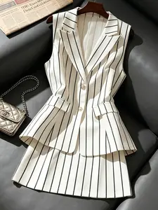 Two piece set of women's fashionable light mature style striped suit with waist cinched sleeveless vest and A-line short skirt, suitable for summer, business dinners, commuting, anniversaries, and light holiday travel