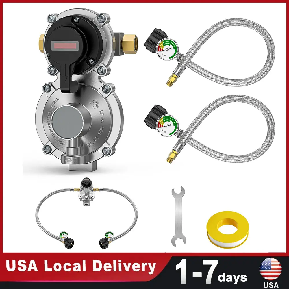 RV Propane 2-Stage Auto Changeover Regulator Kit with 2-Tank Hoses, 1/4" SAE Inverted Flare, Excess Flow Protection, Flexibility & Gauge Display for Camper Gas Systems