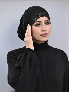 Women's Solid Color Lace Trim Hijab, Turban Hijab, Modest Comfortable Breathable Hijab for Daily Wear, Women's Islamic Clothing for All Seasons
