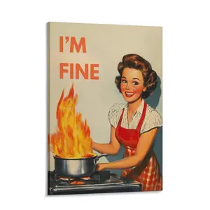 Retro Kitchen Print, Funny 50s Cooking Poster, Vintage Happy Housewife Kitchen Poster, I'm Fine Retro Kitchen Decor, Fun Gifts for Mum Chef 24x  36  poster unique wall art decor posters  room home decor picture wooden frame