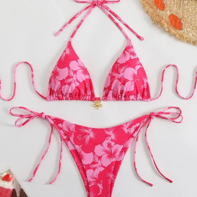 Two-Piece Set Women's Floral Print Bikini Set, Flower Print Bikini, Casual Fashion Chic Swimsuit Set for Beach Holiday Vacation, Ladies Swimwear for Summer, Bikini Swimsuits, Swimwear Sets, Printed Bikini Set