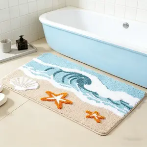 1pc starfish shell floor mat, anti-slip beach bathroom mat, featuring coastal starfish and shell design,  material, suitable for kitchen, bathroom, entrance, bedroom home decoration, durable and wear-resistant-Superfine fiber flocking material rug bottom,