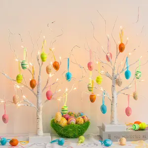 EAMBRITE Easter Decor 2026 Lighted White Birch Tree with 18x2 Eggs Ornaments 24 LED Lights Battery Powered Timer Tabletop Centerpiece for Spring Home Decor 2 Pack