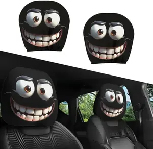 1 Pair Set of 2 Funny Big-Eyed Grinning Cartoon Print Car Seat Headrest Covers, Elastic Breathable Head Rest Covers Decoration Halloween Accessories for Driver Passenger Men Women Vehicles Interior