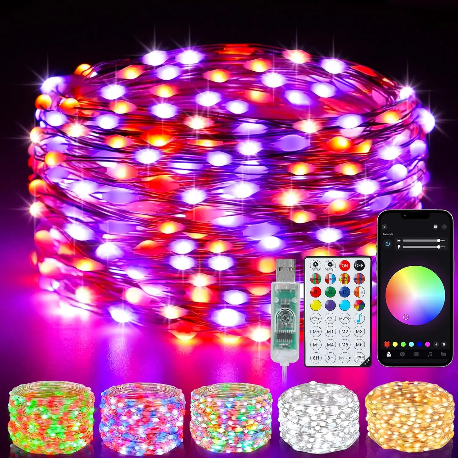 Smart Fairy Lights 33Ft 100 LED Twinkle String Lights with Remote & APP Control, Color Changing USB Christmas Tree Lights Music & Mic Sync for Halloween Bedroom Holiday Party Decor