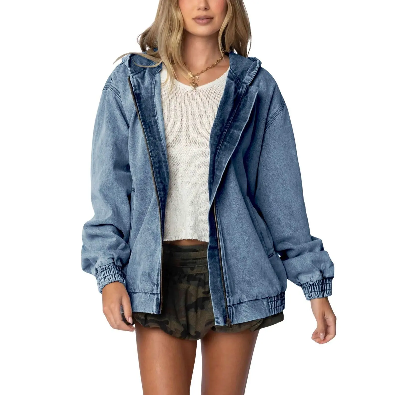CHARTOU Women's 2026 Fall Hooded Denim Jacket Zip Up Jean Hoodie Trench Coat Casual Loose Bomber Jacket