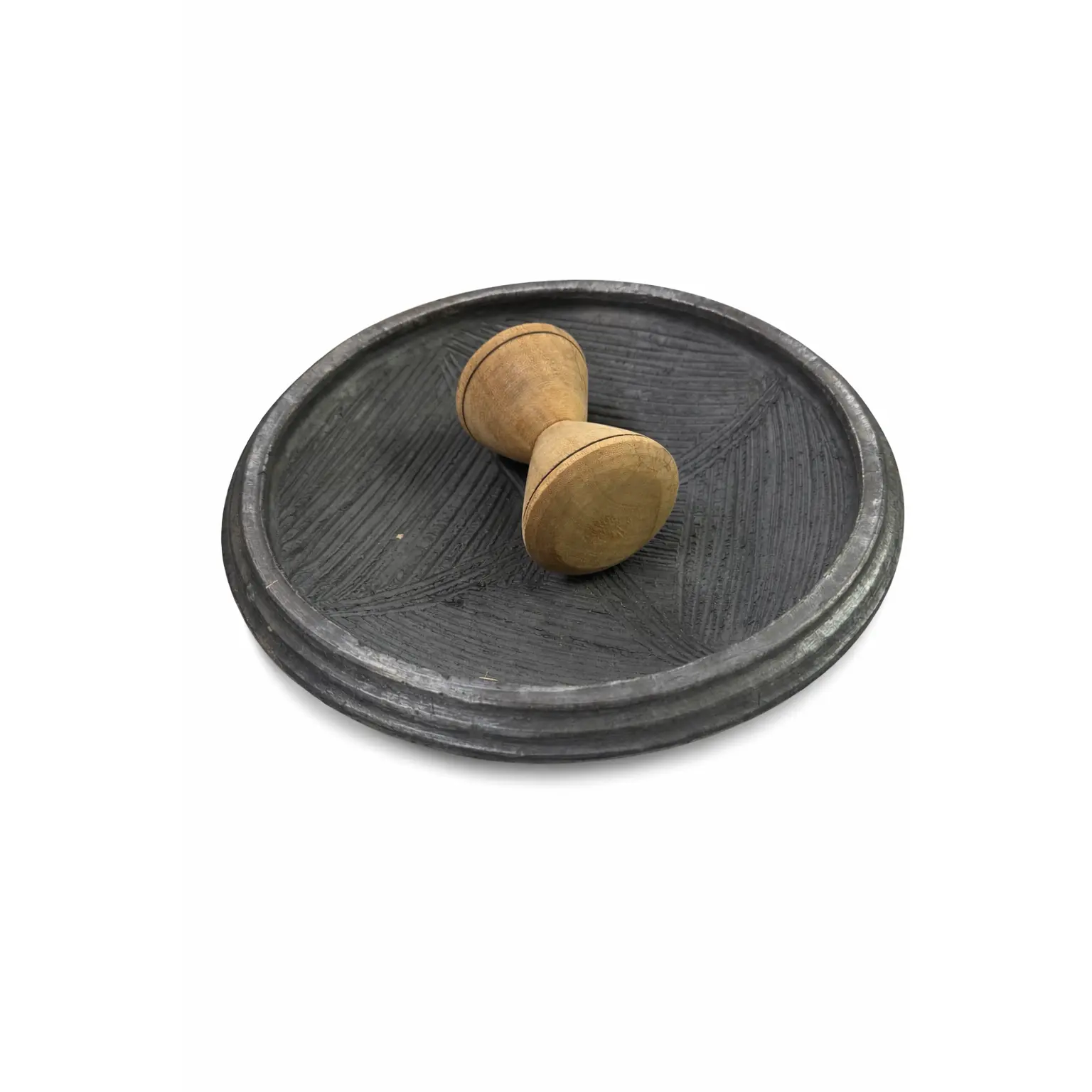 African Wooden Asanka (Traditional Ghanaian Grinding Bowl) with Eta, Kitchen Tool for Spice and Pepper Grinding