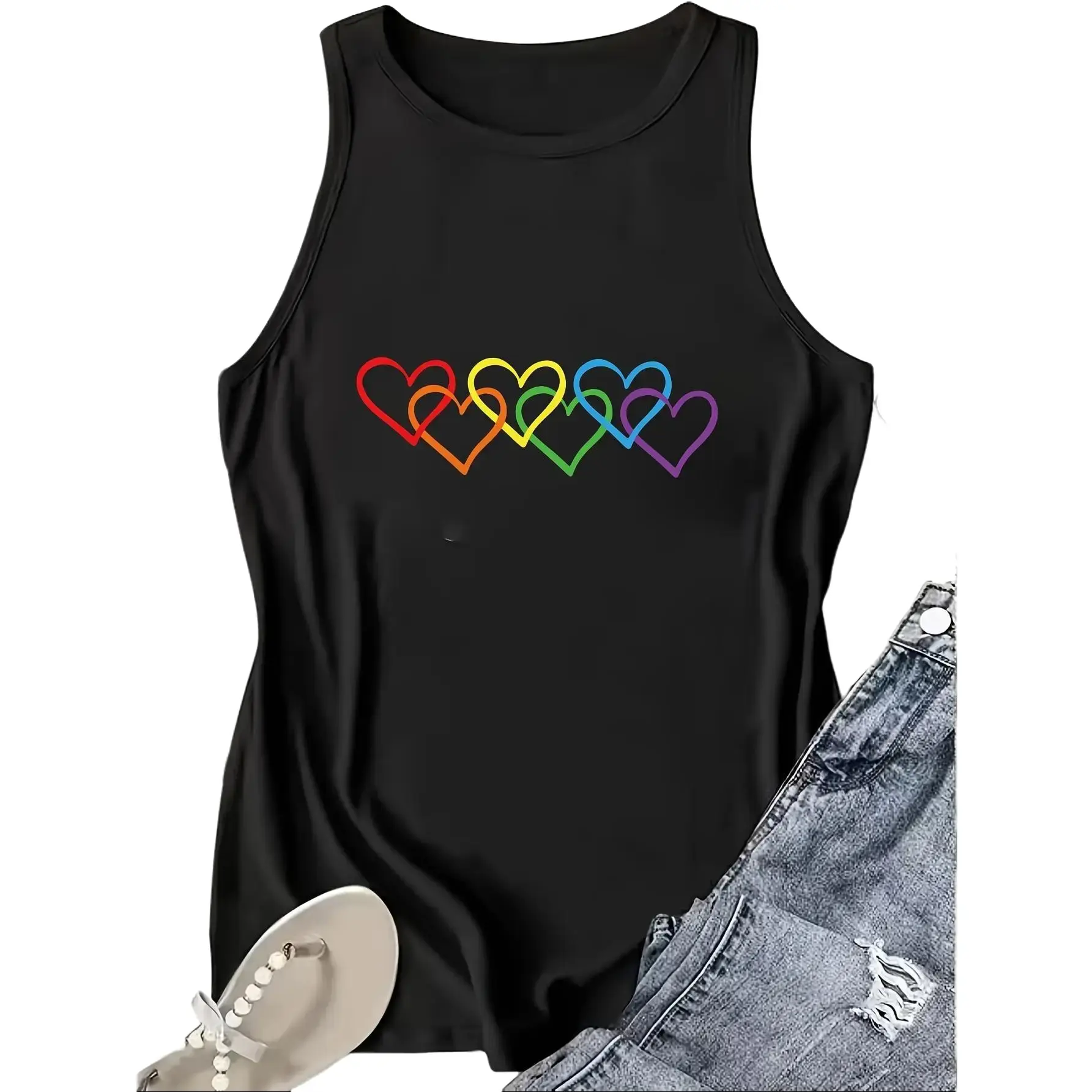 Unisex 100% Cotton Interlocking Rainbow Outline Hearts Graphic Tank Top - Minimalist Crew Neck Sleeveless Vest for LGBTQ Pride, Beach Wear, Fits Women (Black), Menswear, Oversized, Simple, Everyday, Breathable, Printed