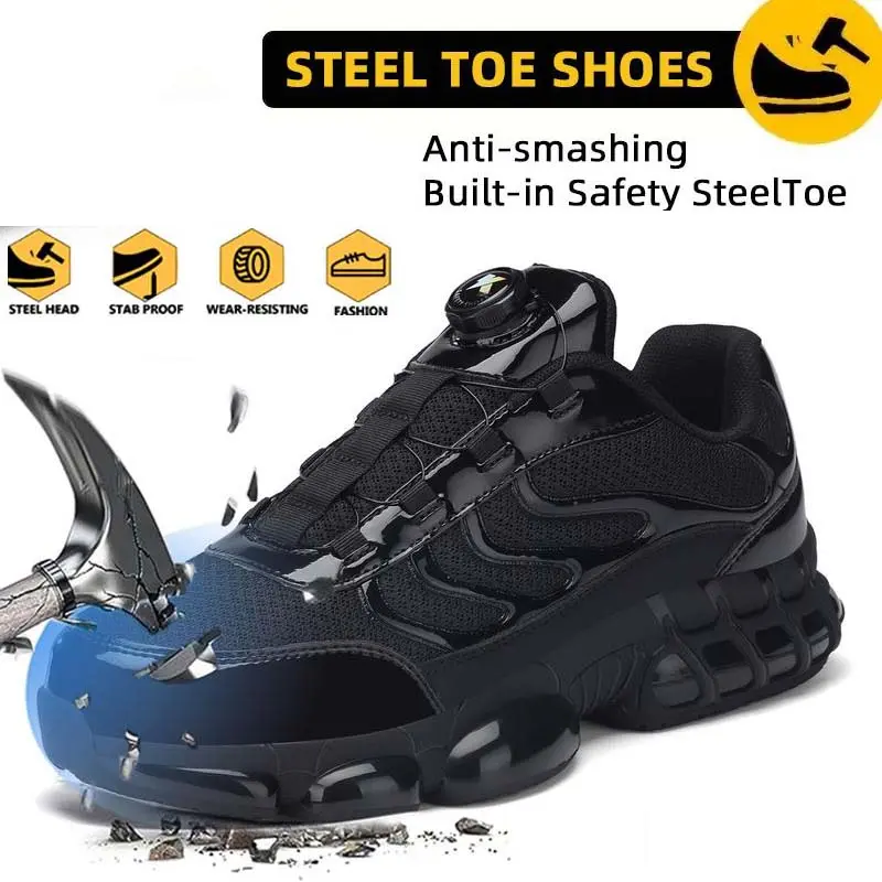 Unisex Round Toe Lace-Up Cuban Steel Toe Work Sneakers - Lightweight Composite Safety Trainers with Non-Slip Sole, Breathable for Construction, Walking, Closed Work Protective Shoes