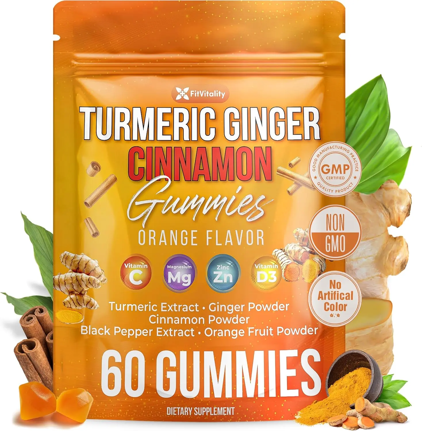 Premium 60 Turmeric Ginger Cinnamon Gummies – with Vitamin E, B12, Magnesium, Black Pepper Extract & Vitamin D3 – Orange Fruit Flavor - Vegan Gummies
