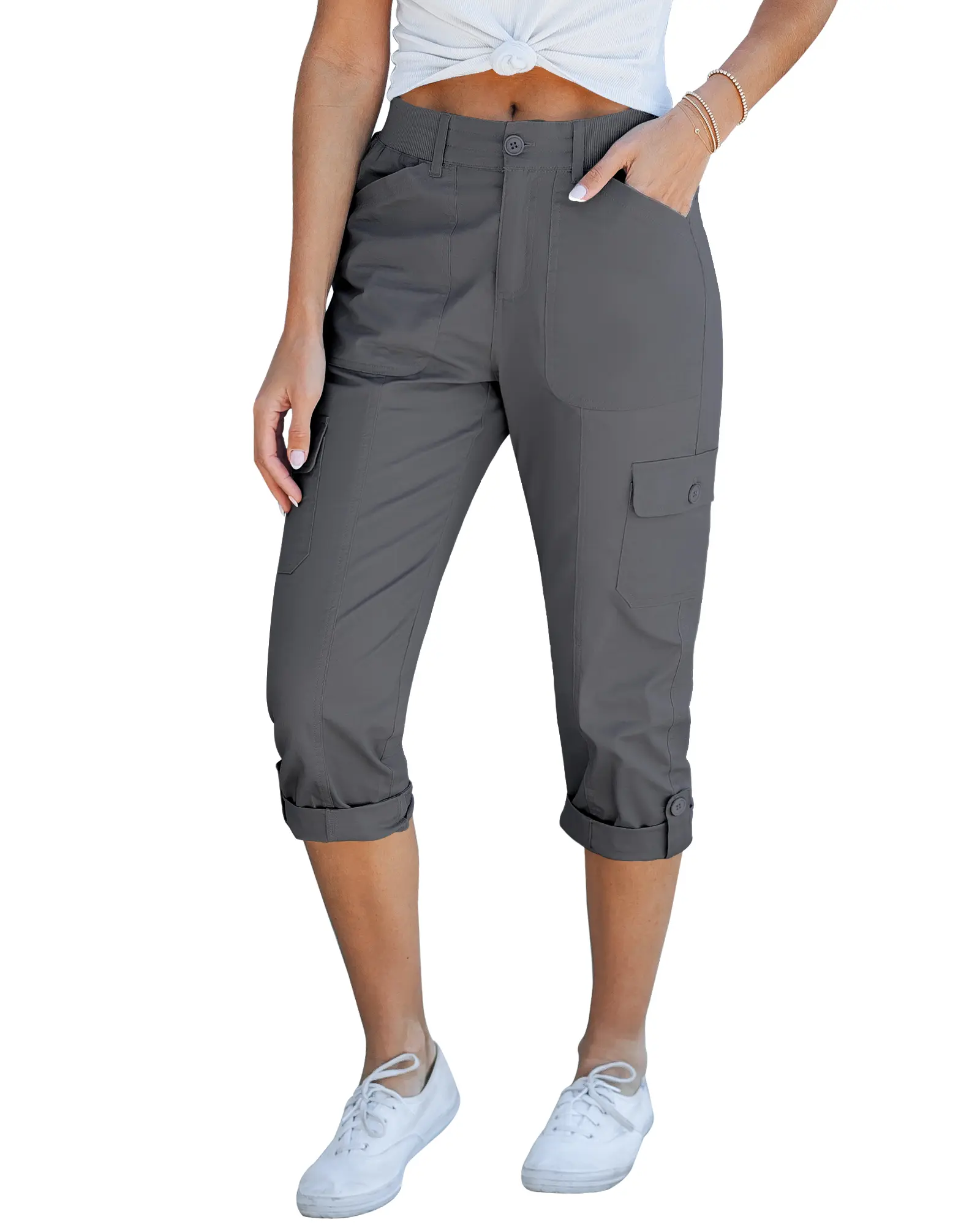GRAPENT Women's High-Waisted Cargo Capri Pants - Stretchy, Relaxed-Fit, Elastic Knit Waist, Deep-Pocketed Elevated Casual Bottoms for Women's Clothes, Bottom,summerwins,summeroutfits,vacationoutfits,beachoutfits,back to school shopping