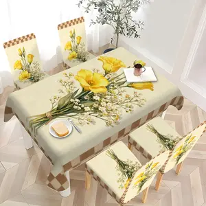 2/4/6/5/7 pieces of fashionable and high-end chair cover and tablecloth sets, thickened dining chair slipcover and tablecloth sets (1 tablecloth + 4 chair covers or 1 tablecloth + 6 chair covers), easy to care for, reusable, for home decoration
