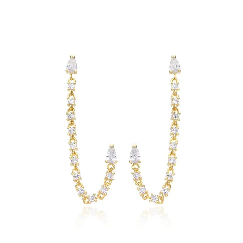 Women's Jill Double Stud Chain Earrings - Gold-Plated 925 Sterling Silver Jewelry with Sparkling Cubic Zirconia, Stud Earring Jewelry