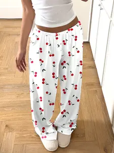 Women's Casual Breathable Long Pants, Cherry Blossom Pattern, Homeewear, Fashionable Trendy Sportswear, School Style, Youthful Holiday Wear, Fit, Bottoms, Womenswear