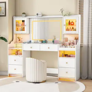 Linor 62" Large White Vanity Desk with Power Outlet, Makeup Vanity with Mirror and LED Lights, One Piece Controls 3 Lighting Modes, 4 Drawers Vanity with 2 Cabinets and Glass Top for Women, Girls