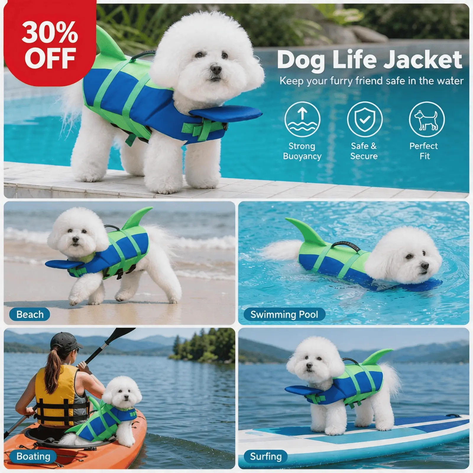 Pet Life Jacket, Shark Design| Adjustable Dog Life Vest| High Buoyancy Swimming Safety Vest| Pool Beach Boating