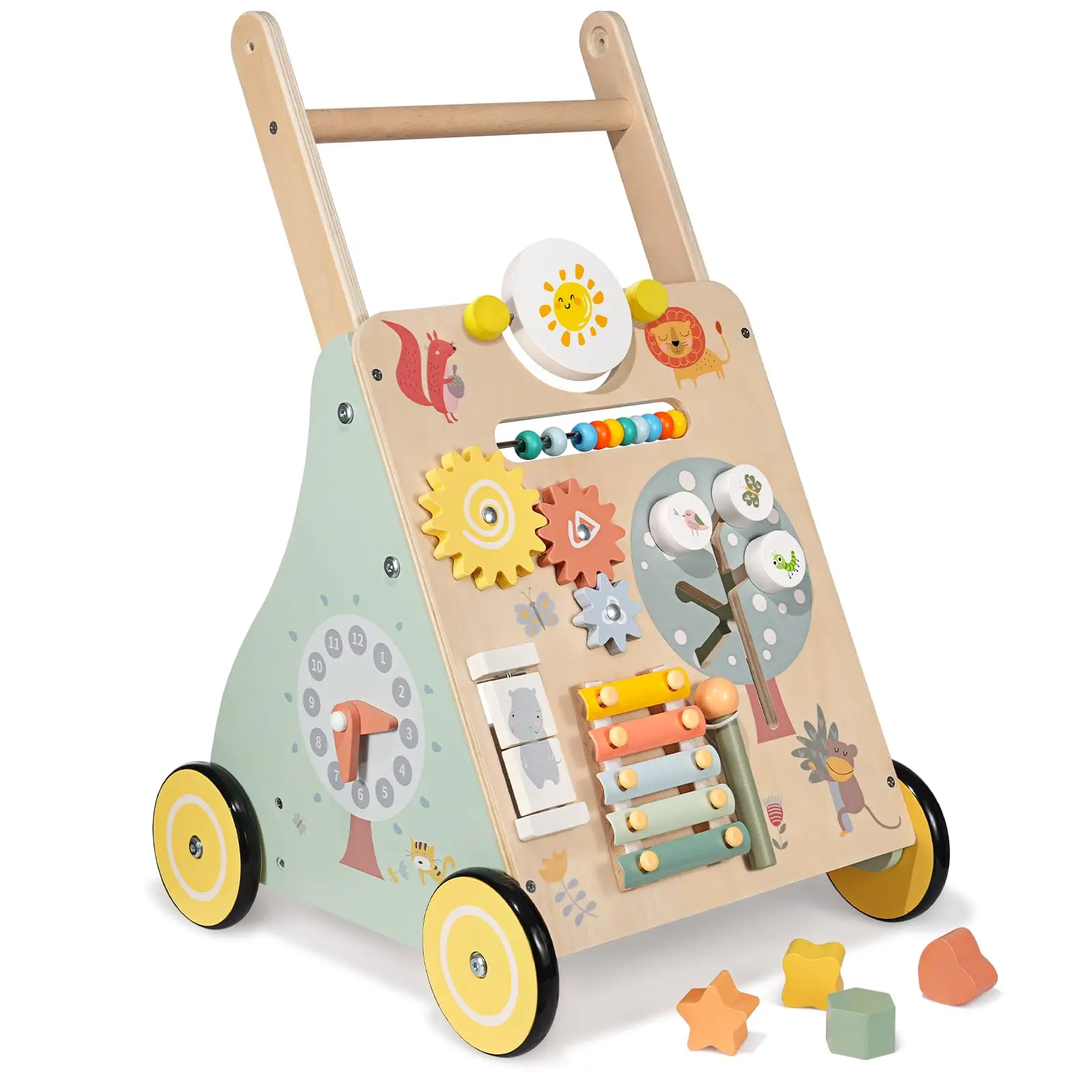 #Summerwins，MoreFeel Wooden Baby Walker with Adjustable Height & Rotary Gears for Boys Girls Ideal Christmas Gift for Motor Skill Development